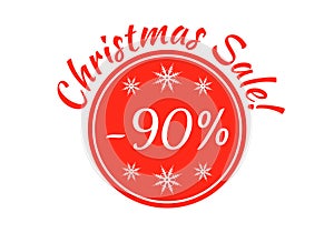 Christmas sale badge, tag or sticker. Xmas discount label. 90 percent price off. Promo banner and advertising design element.